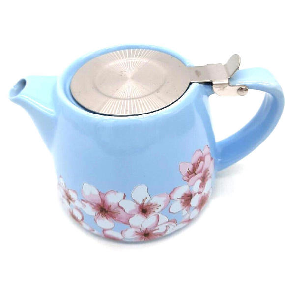 Alfred Blue Ceramic & Stainless Steel 20 Oz Pink Cherry Blossom Teapot & Infuser - Picture 2 of 8